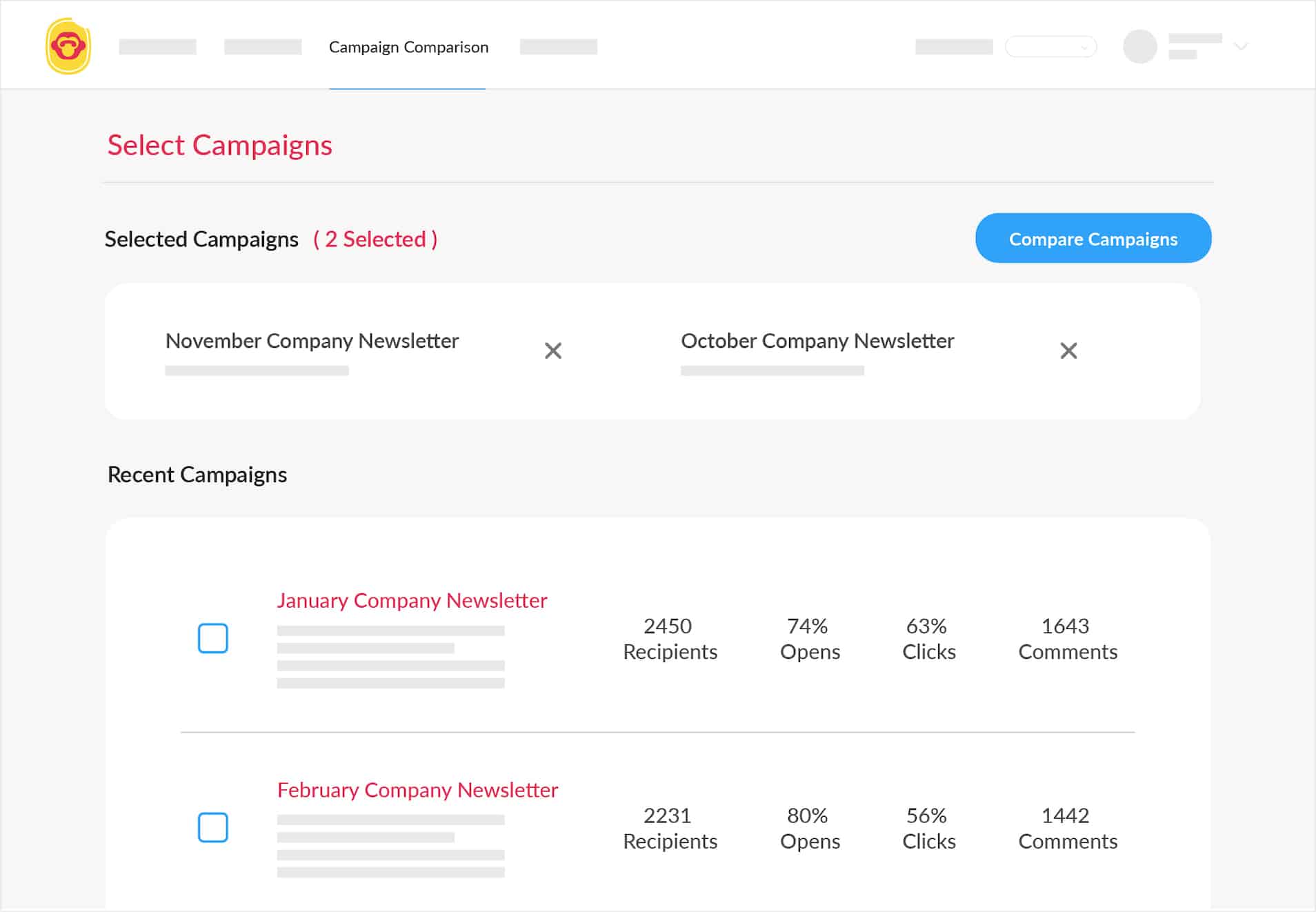 Screenshot of multiple email campaign metrics using ContactMonkey's compare campaigns feature.