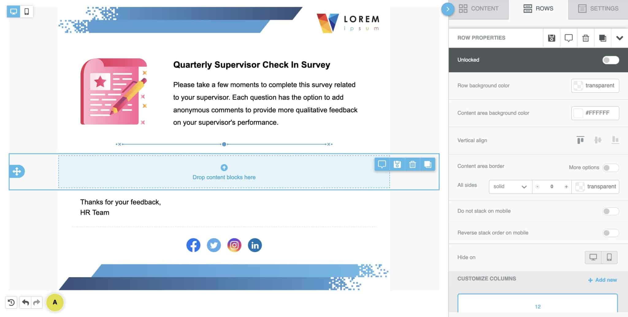 Screenshot of pulse survey creation process within ContactMonkey's email template builder.