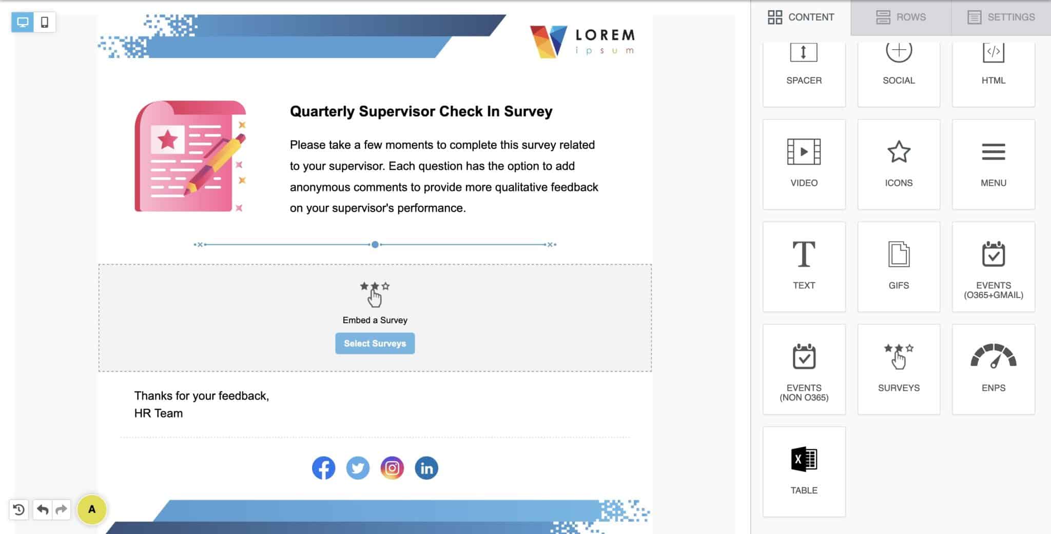 Screenshot of pulse survey creation process within ContactMonkey's email template builder.