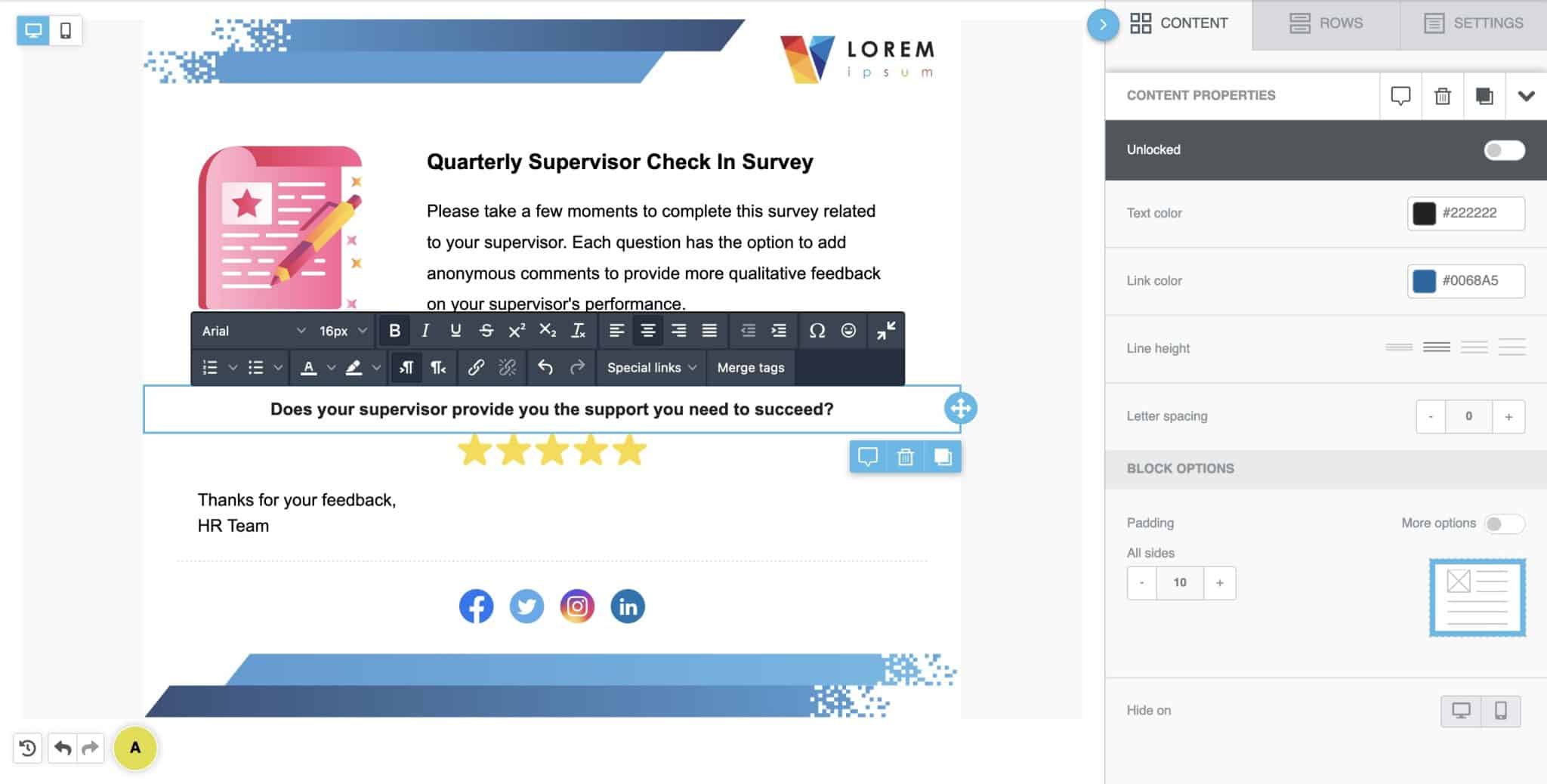 Screenshot of pulse survey creation process within ContactMonkey's email template builder.