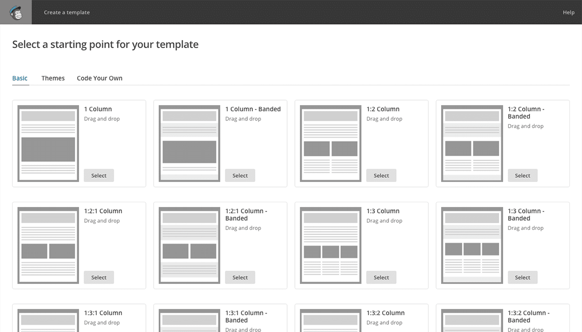 Mailchimp template selection screen with thumbnail images and descriptions of template layouts