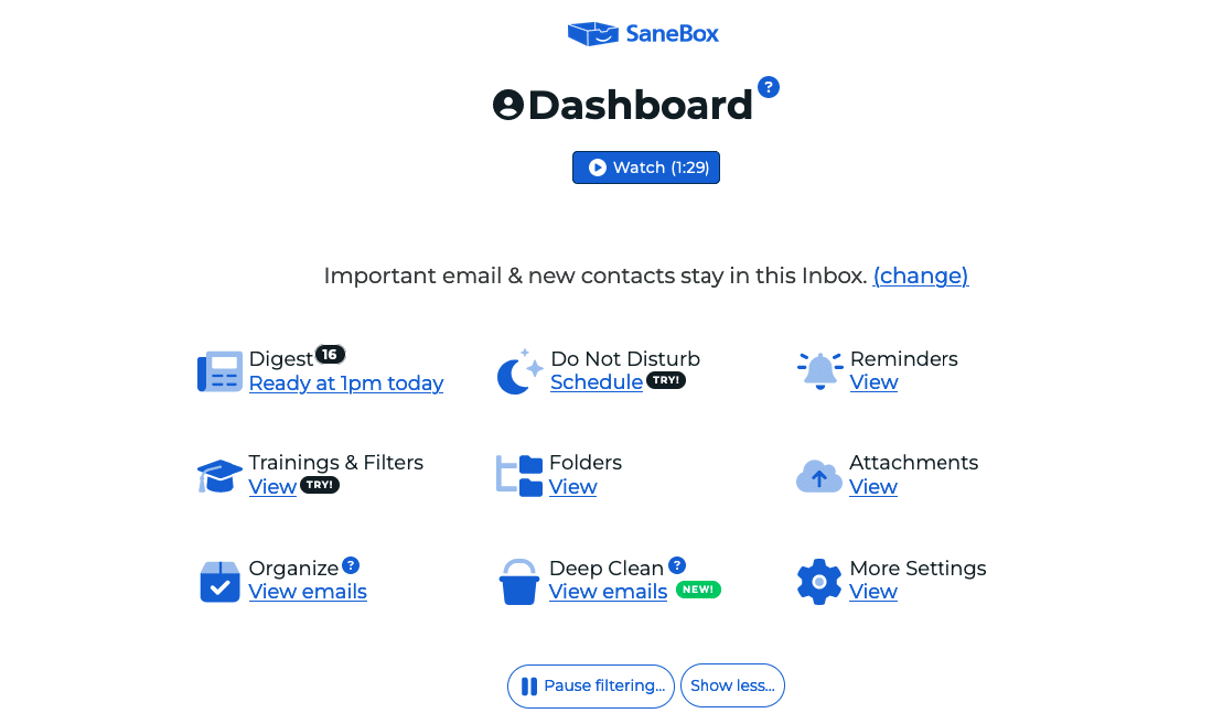 SaneBox dashboard options with features like Do Not Disturb, Folders, Organize, and Deep Clean