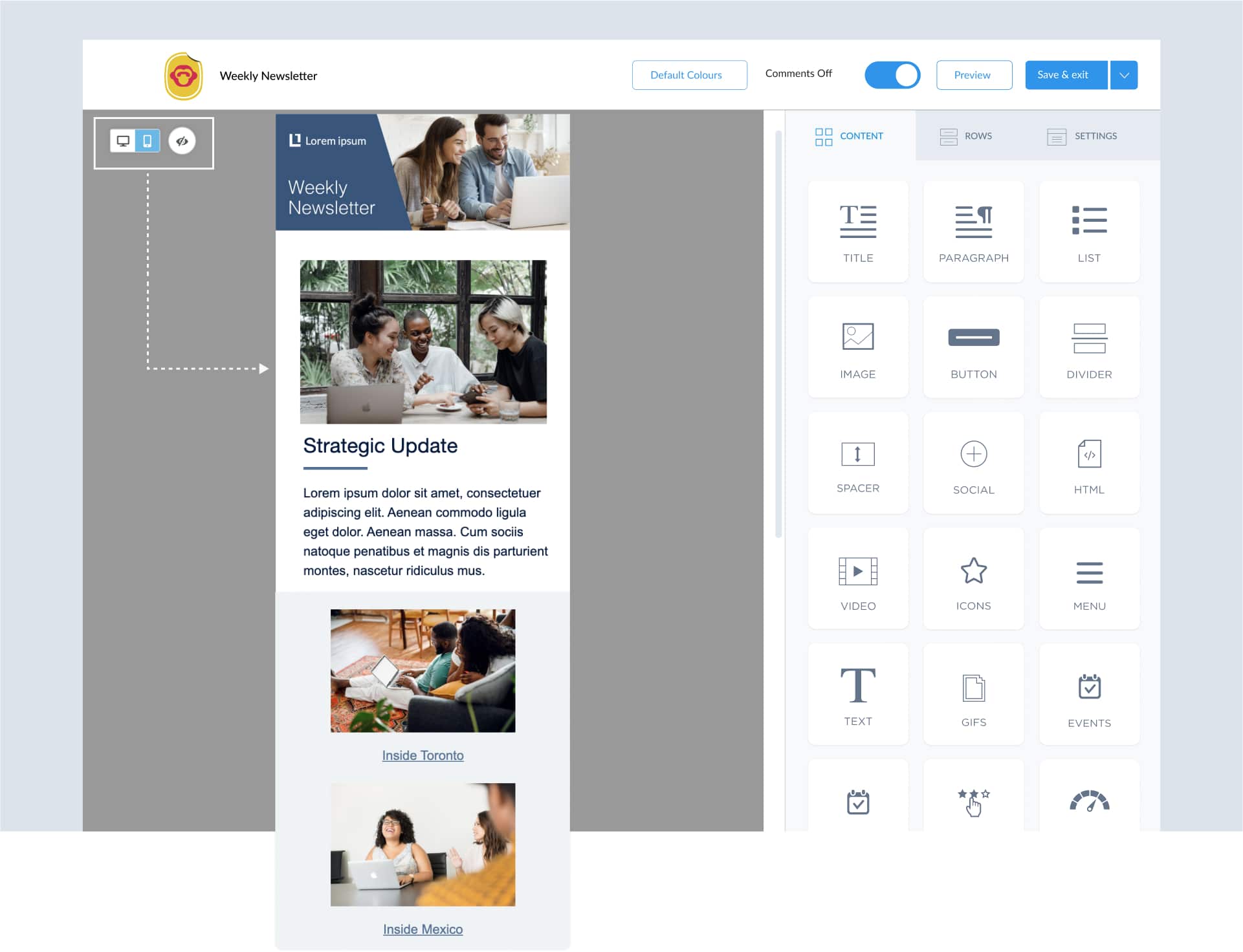 Image of email template viewed in mobile view within ContactMonkey's email template builder