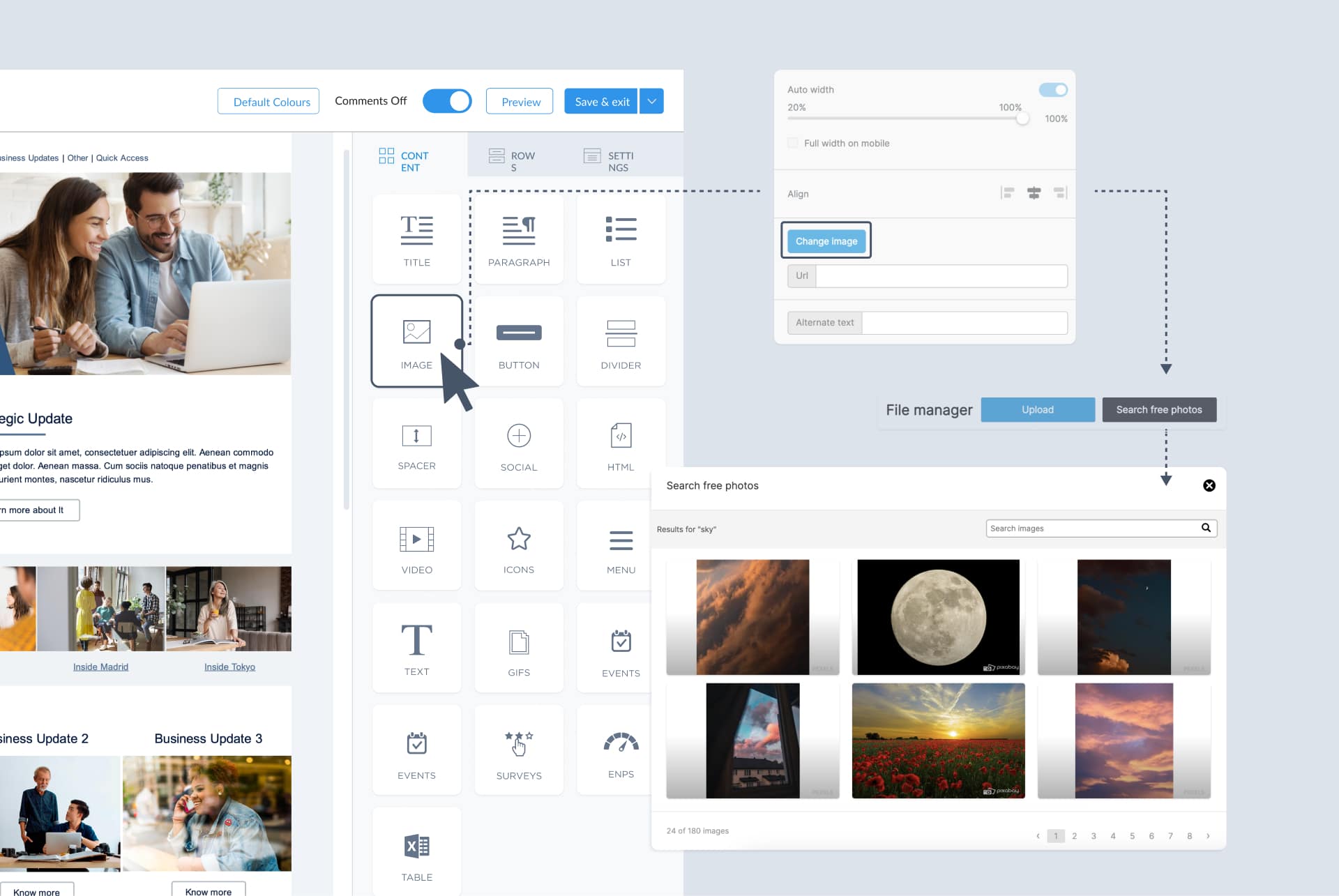Image of file manager and free image library within ContactMonkey's email template builder.