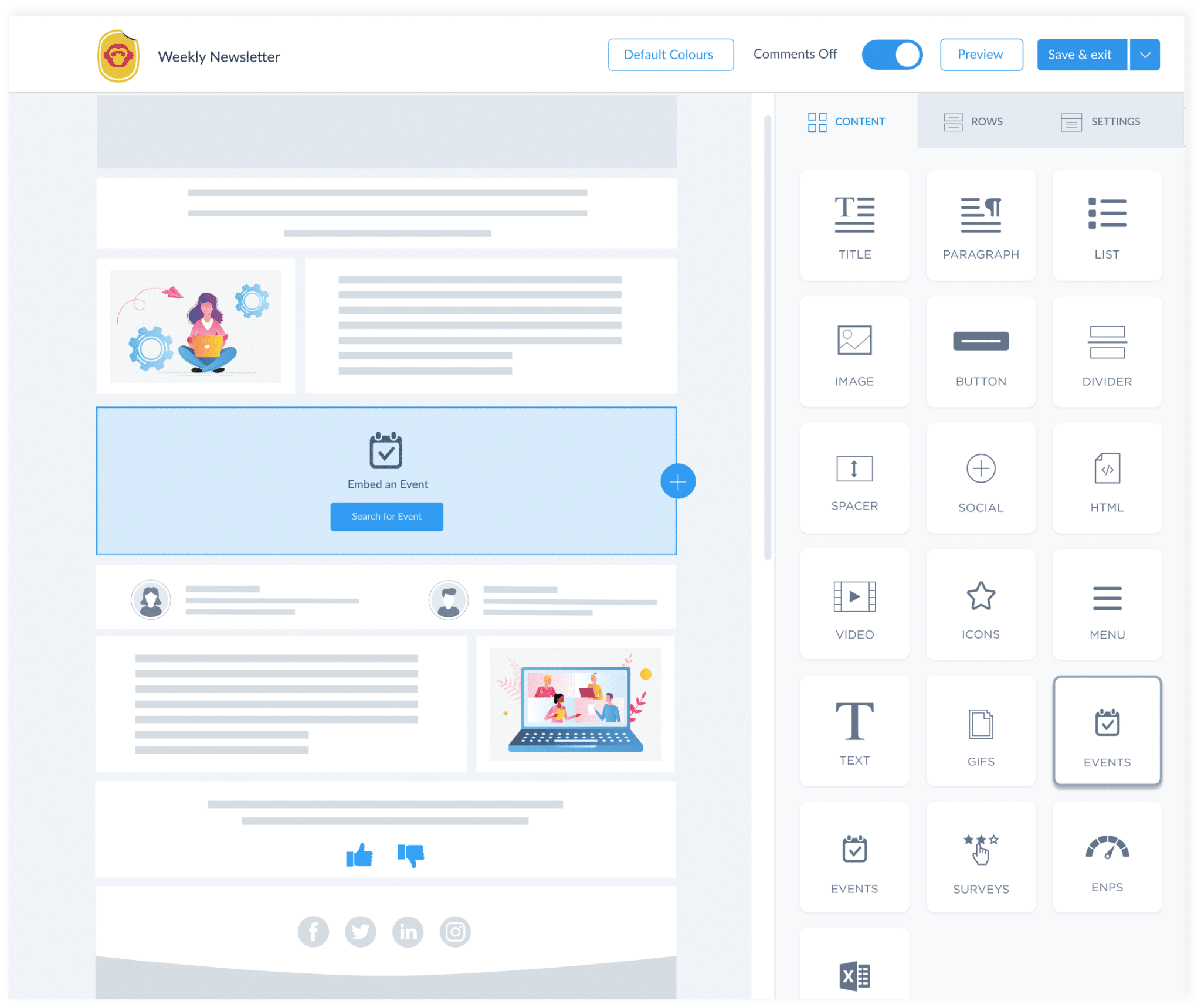 Weekly newsletter template being built in ContactMonkey drag and drop email builder. Event content block is selected in the template, with a button prompting user to "embed an event"