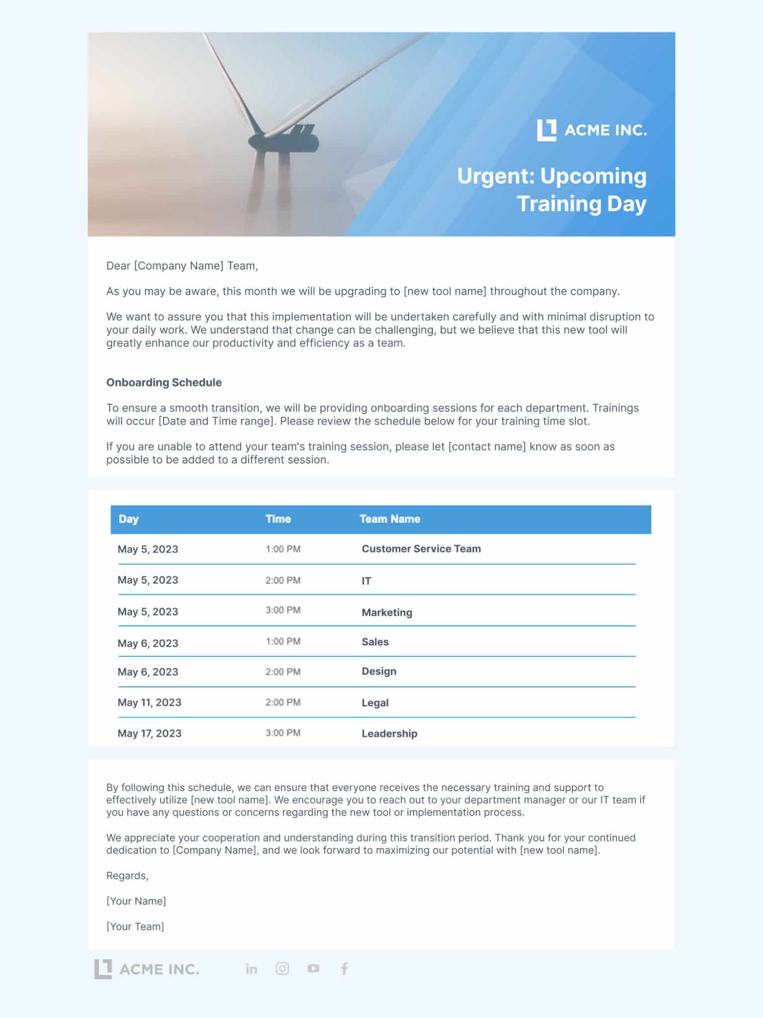 Sample change management email template which shows sample copy informing employees of upcoming training on a new tool being implemented. 