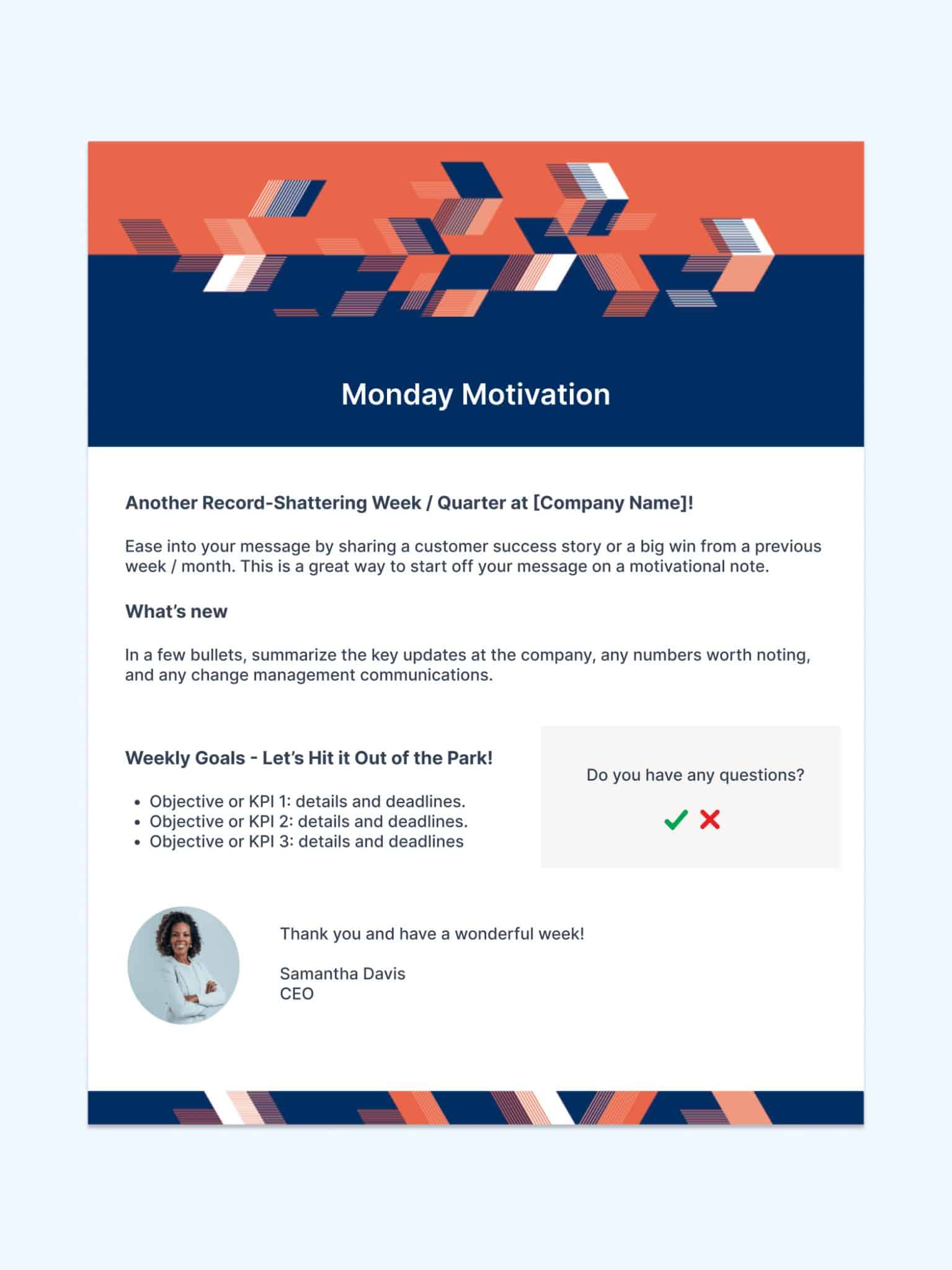 Sample email design for a "Monday Motivation" newsletter email from the CEO. 