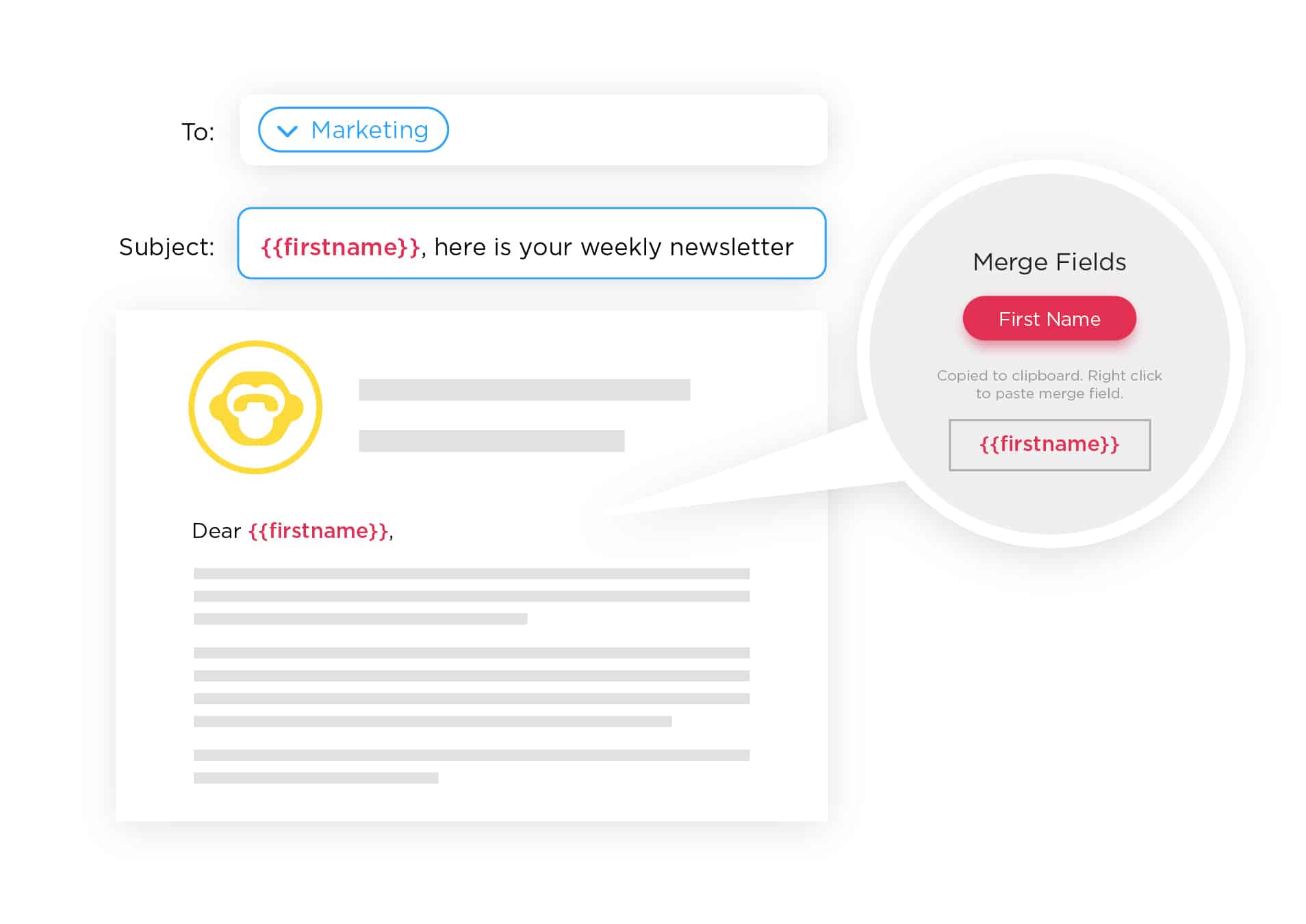 Image of merge tags added to an email using ContactMonkey's email template builder.