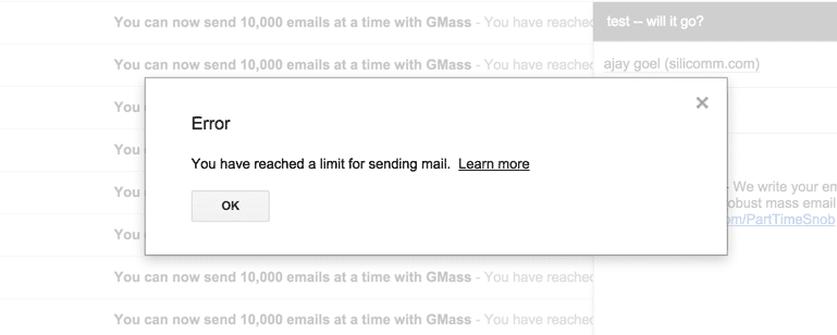 Gmail email limit warning box 