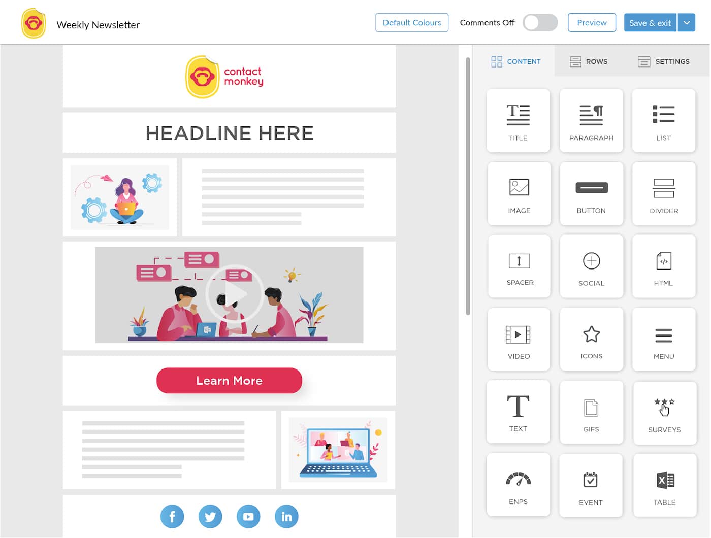 An example of a newsletter being built with ContactMonkey's email template builder.