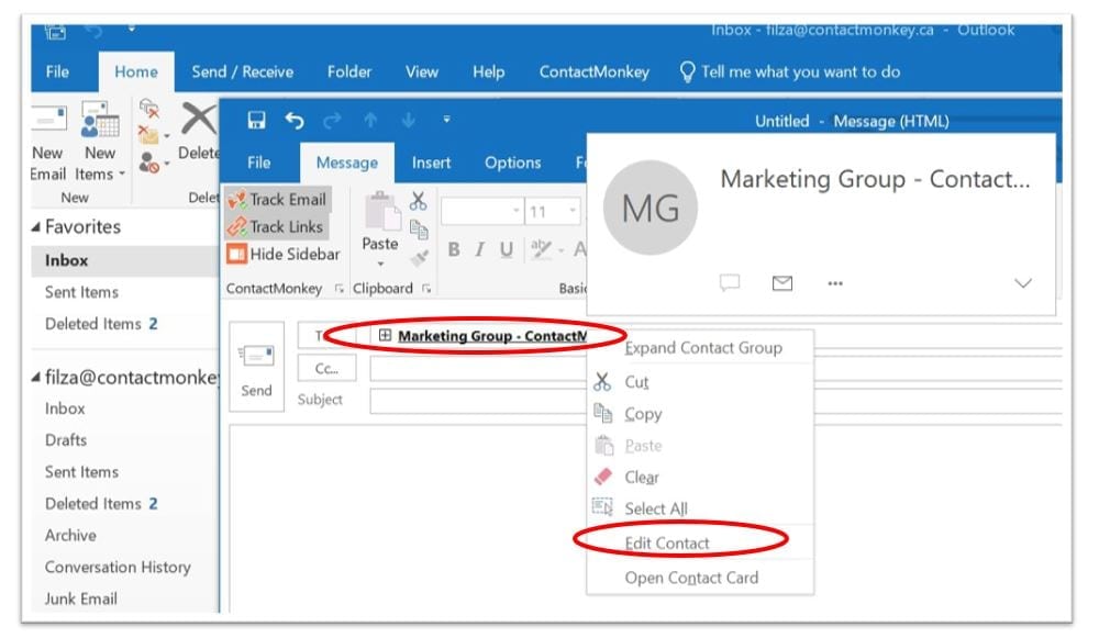 Screenshot of distribution list selection options within Outlook.