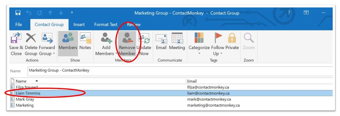 Screenshot of remove member from distribution list option within Outlook.