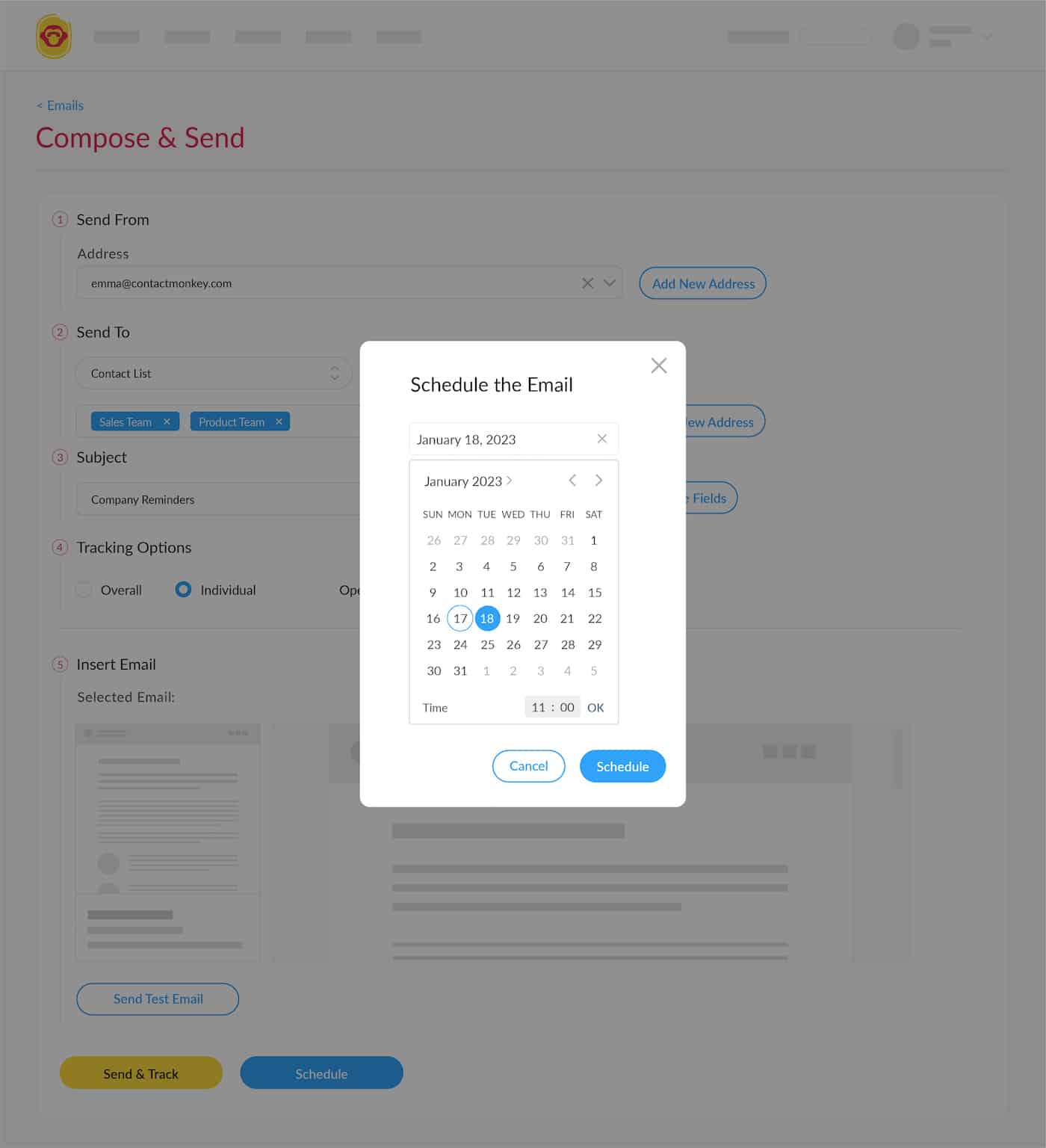 Screenshot of email scheduling within ContactMonkey's Gmail dashboard.