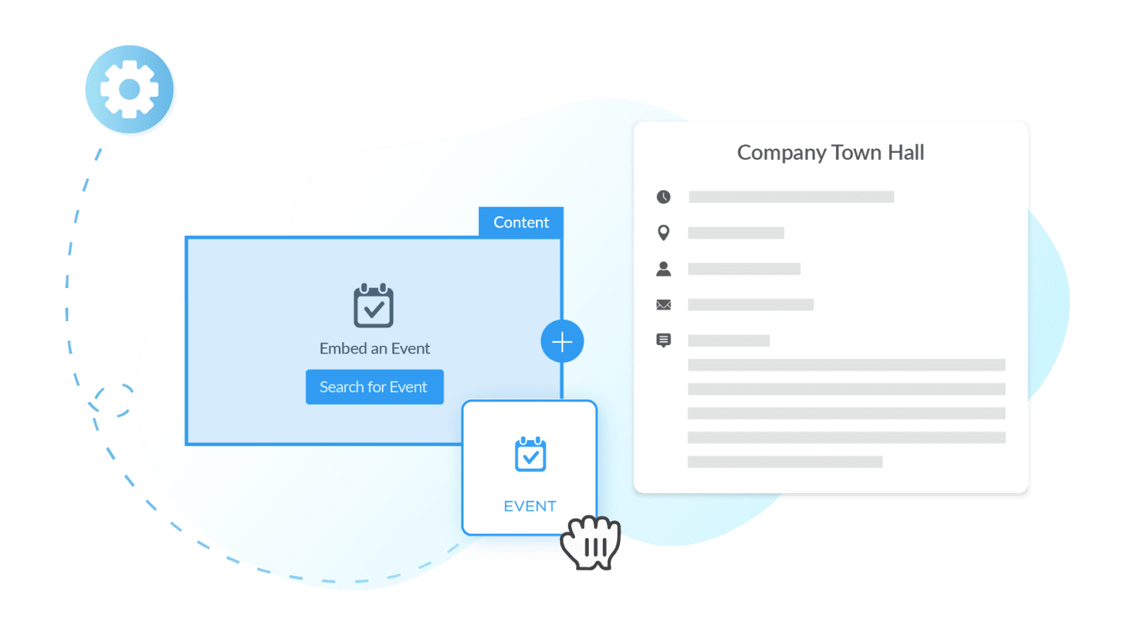 ContactMonkey's event management tool that shows an event being embedded into an email and an example of the invite that will open when it is clicked on