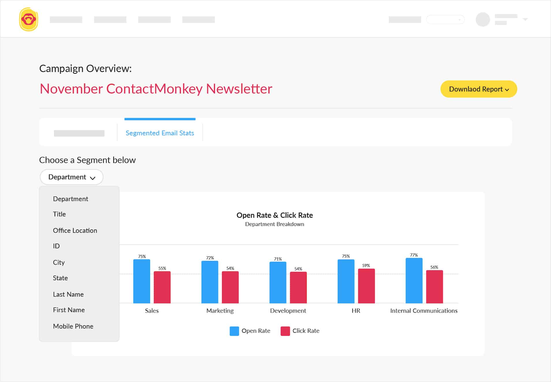 Screenshot of segmented email stats within ContactMonkey's email analytics dashboard.