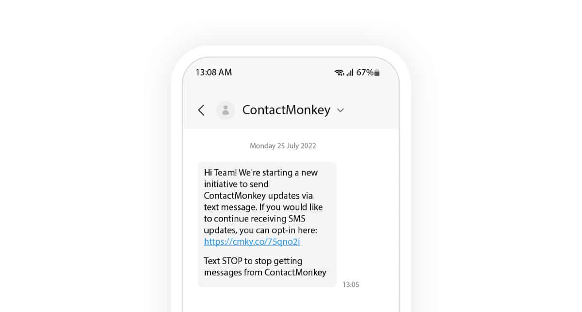 Screenshot of employee SMS sent using ContactMonkey's employee SMS features.