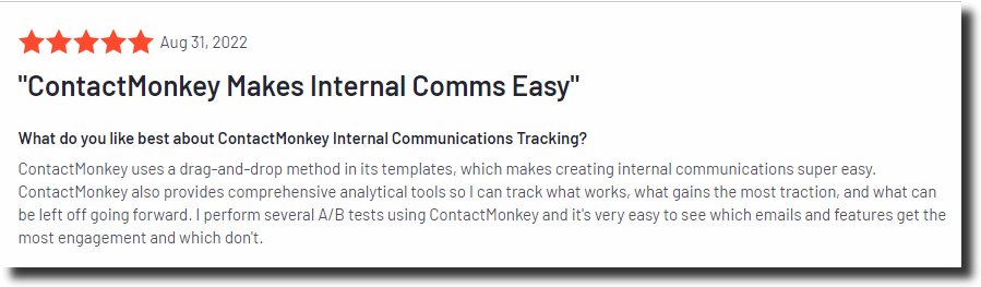 Screenshot of glowing G2 review of ContactMonkey regarding ease of internal communications process.