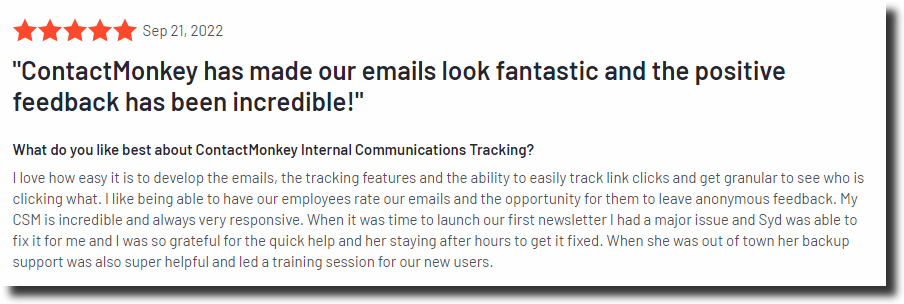 Screenshot of glowing G2 review of ContactMonkey regarding positive feedback from employees.