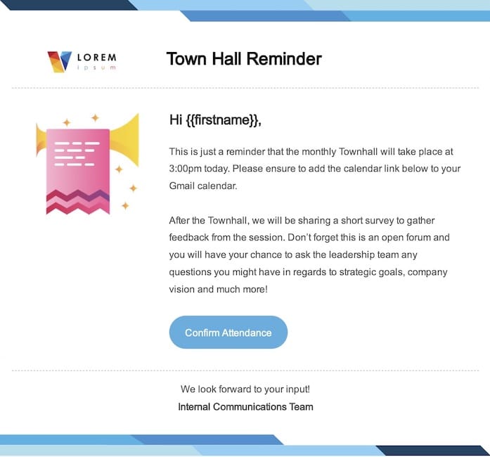 Screenshot of town hall newsletter created using ContactMonkey's email template builder.