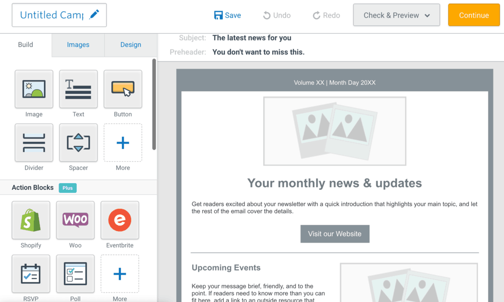 Constant contact email builder screenshot with newsletter template