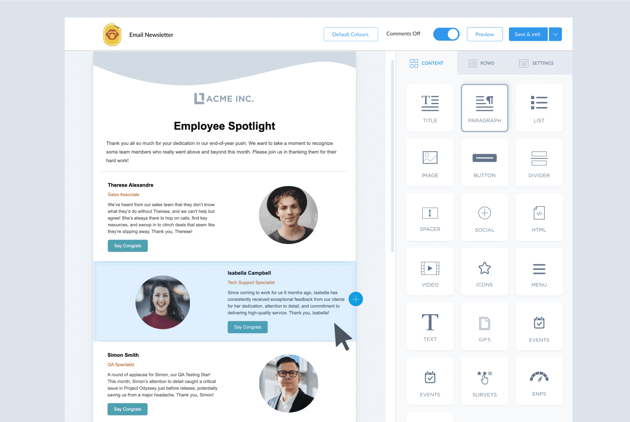 Employee spotlight newsletter being built in ContactMonkey email builder.