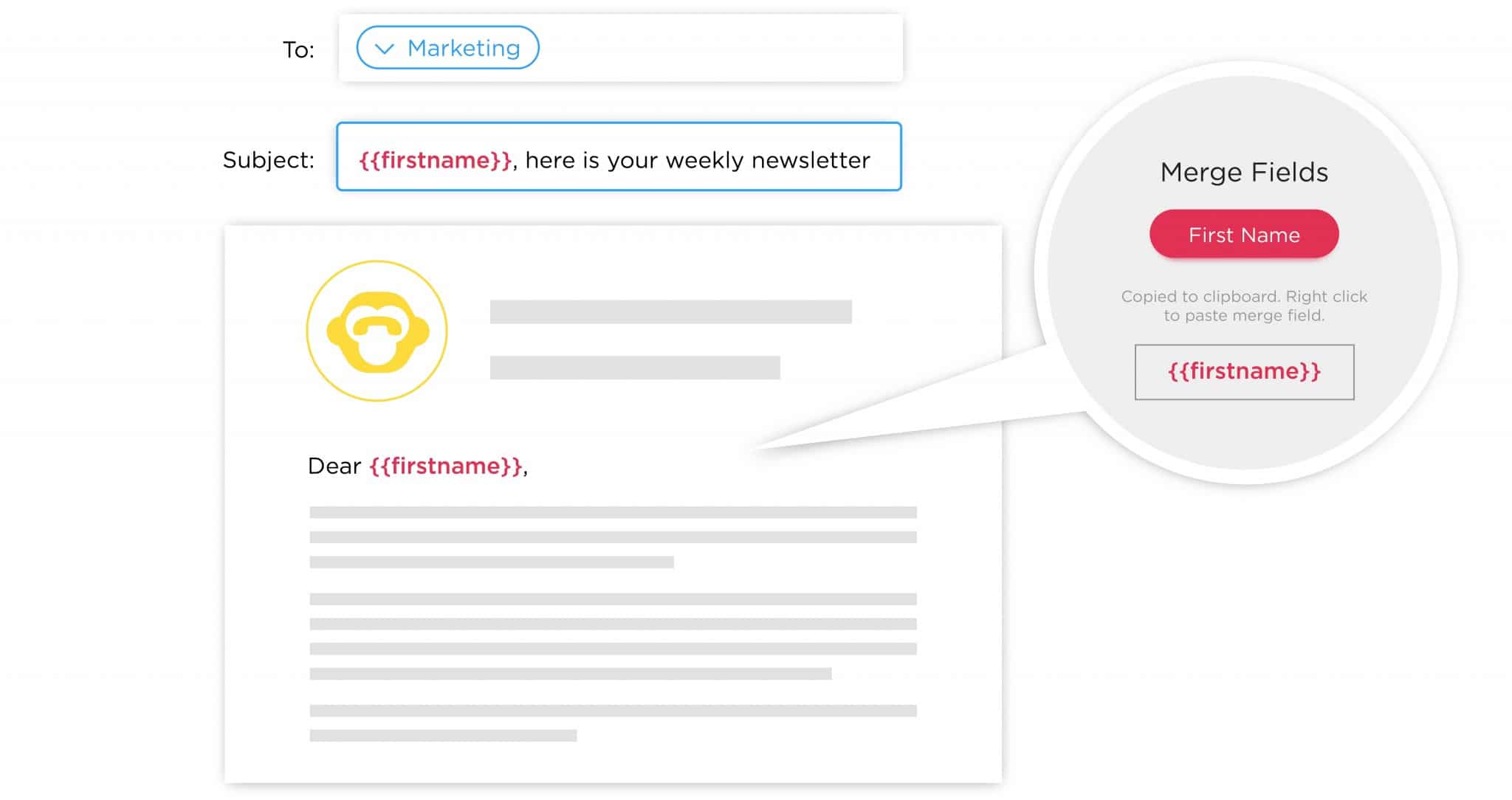 Image of merge fields being used in an email to create personalized subject lines and body copy using ContactMonkey's internal newsletter tool. 