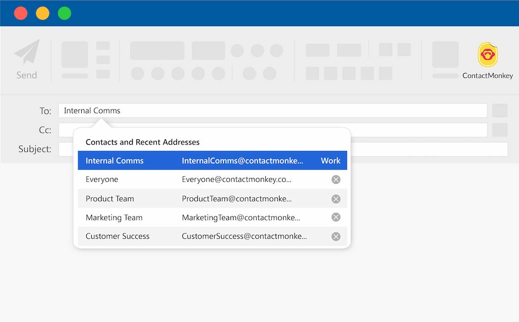 Screenshot of different distribution lists within ContactMonkey's Outlook integration.