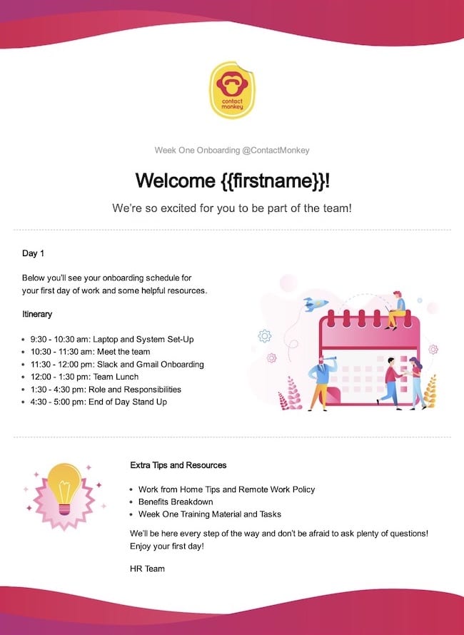 Screenshot of employee onboarding schedule created with ContactMonkey's email template builder.