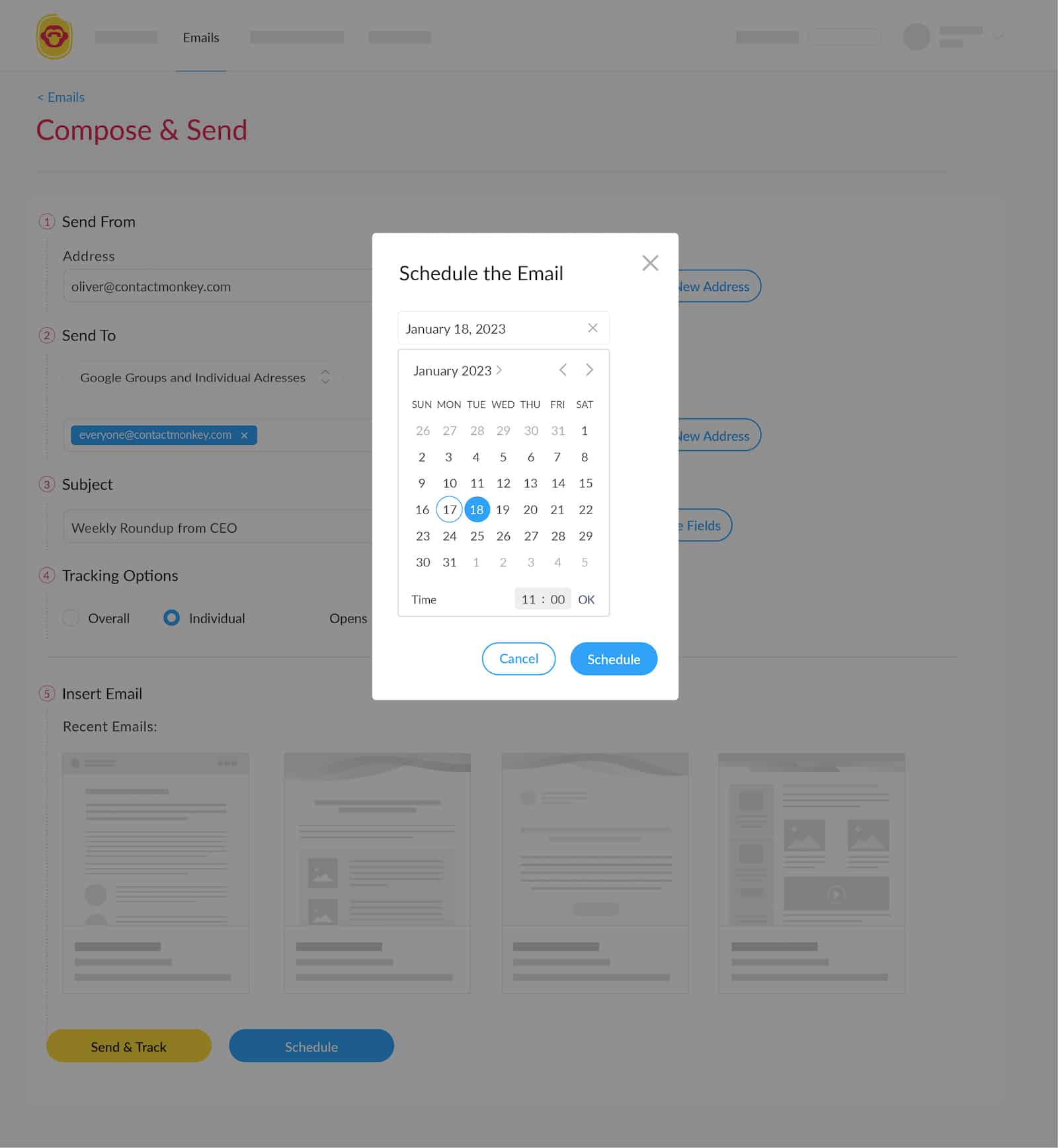 Screenshot of Gmail dashboard sending within ContactMonkey's internal communications tool.