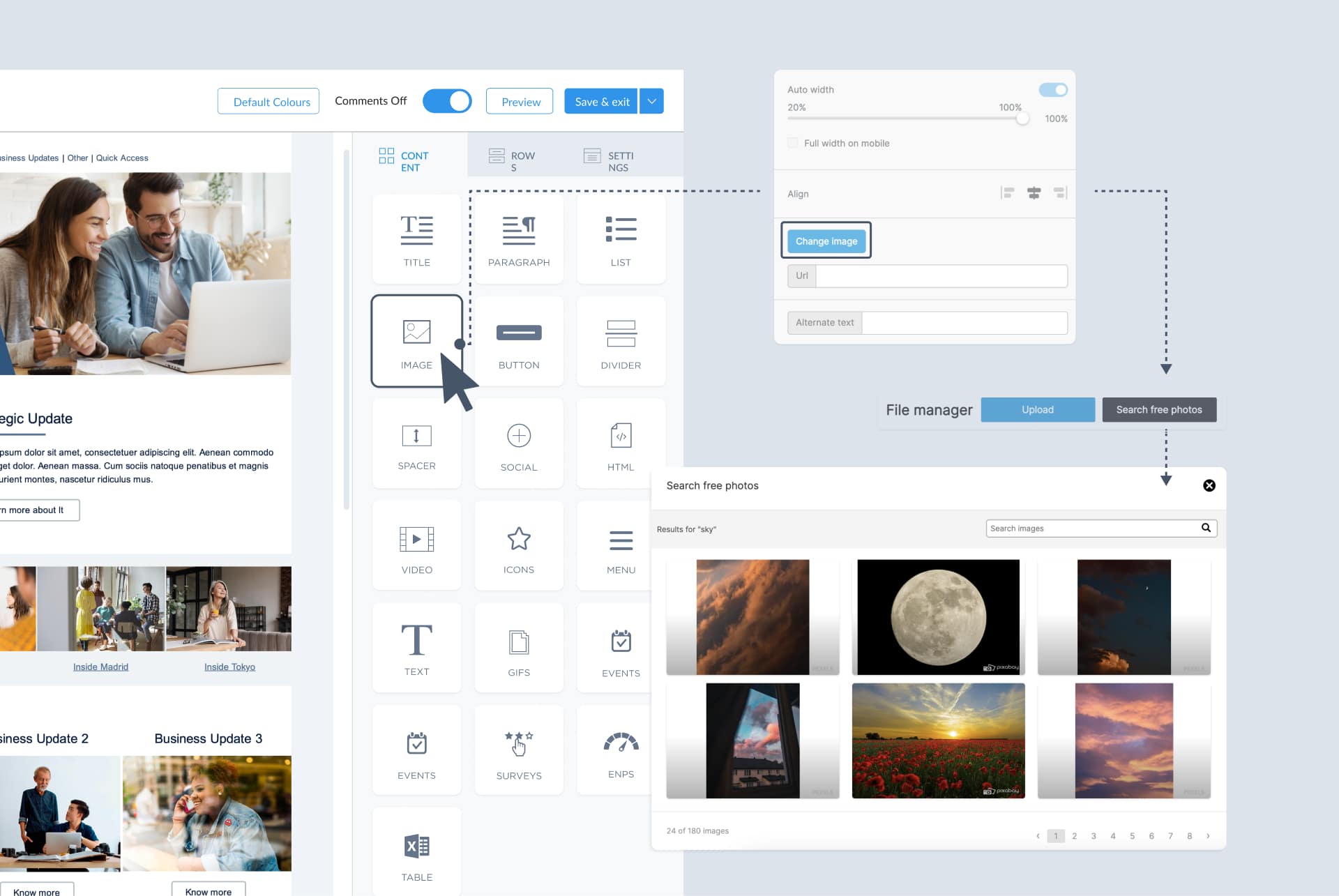 Image of file manager and free image library within ContactMonkey's email template builder.