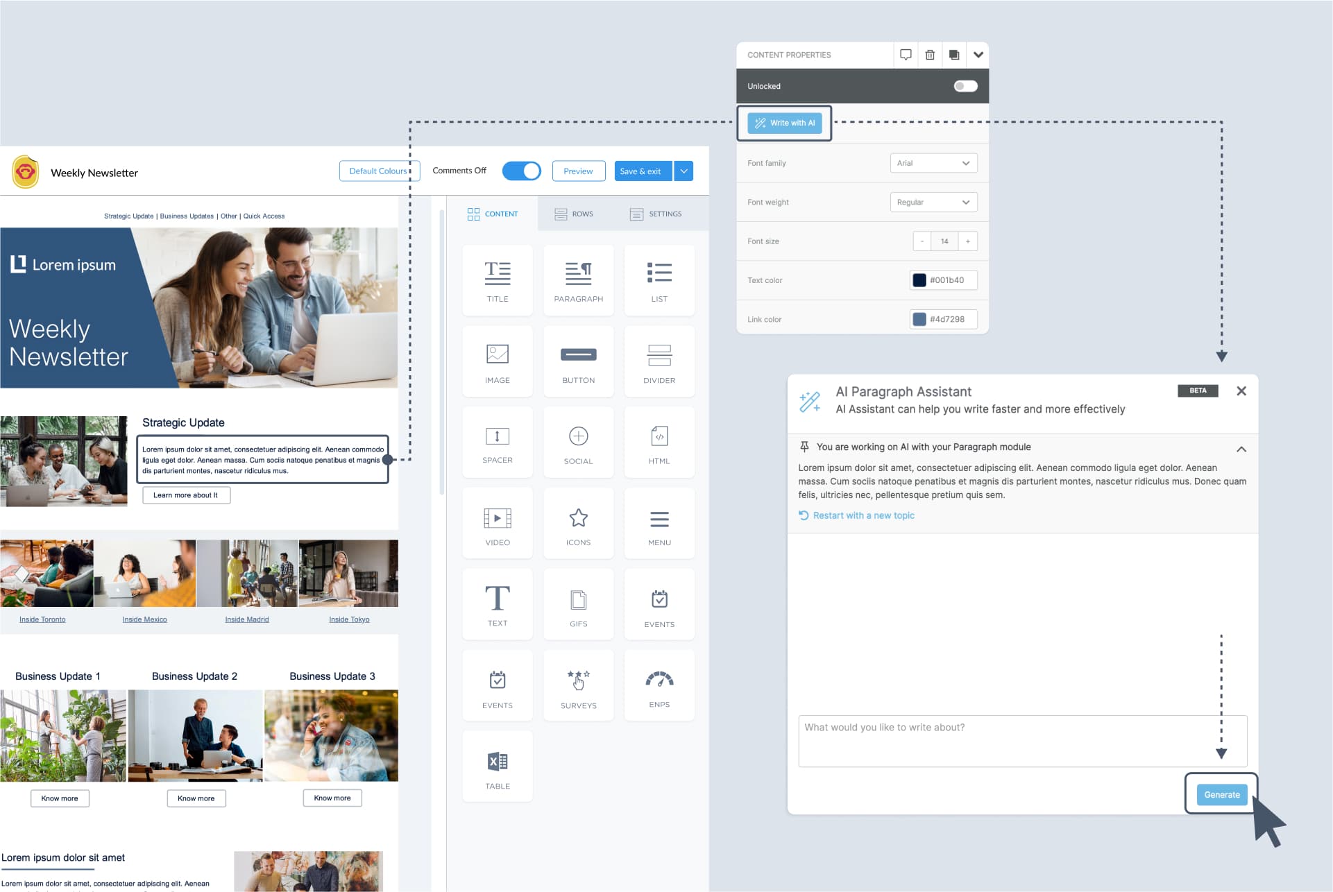 Image of AI chat integration within ContactMonkey's email template builder.