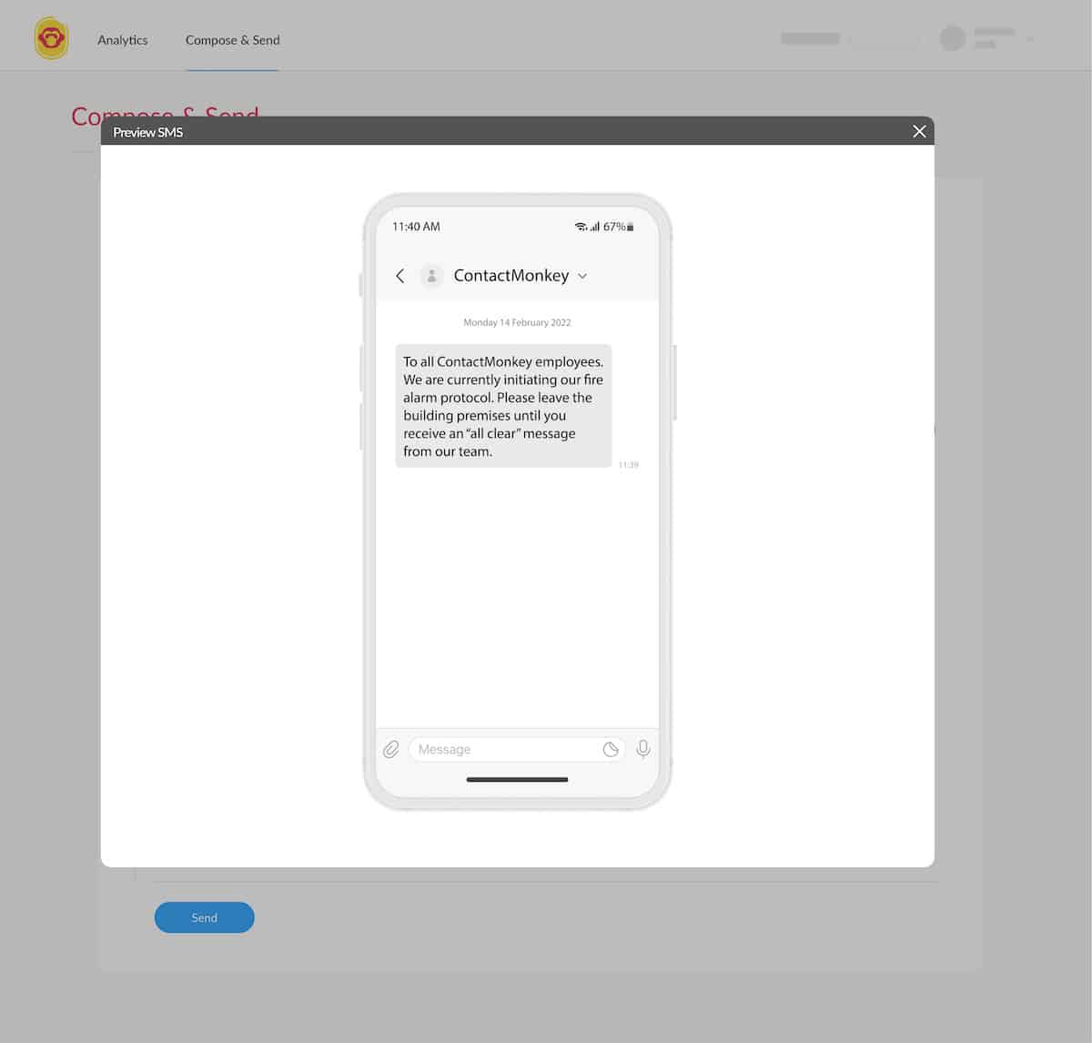 Screenshot of ContactMonkey's employee SMS feature.