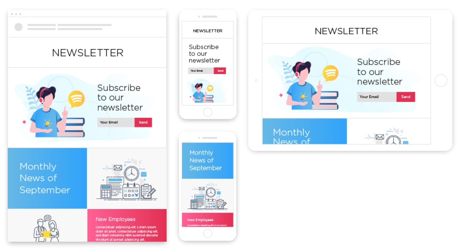Image of responsive email newsletter created with ContactMonkey's email template builder displayed across various devices.