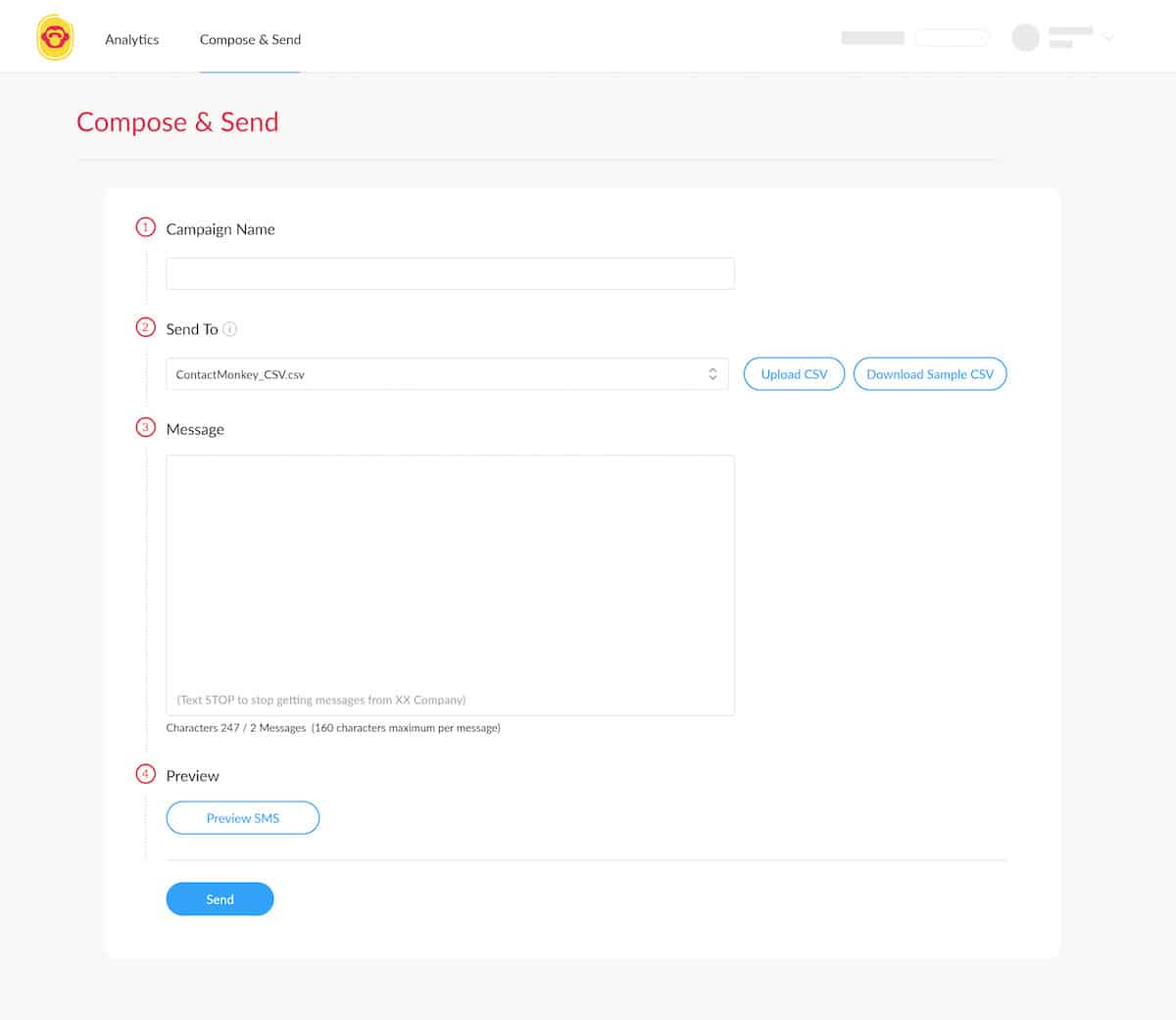 Image of ContactMonkey's SMS dashboard for sending employee text messages.