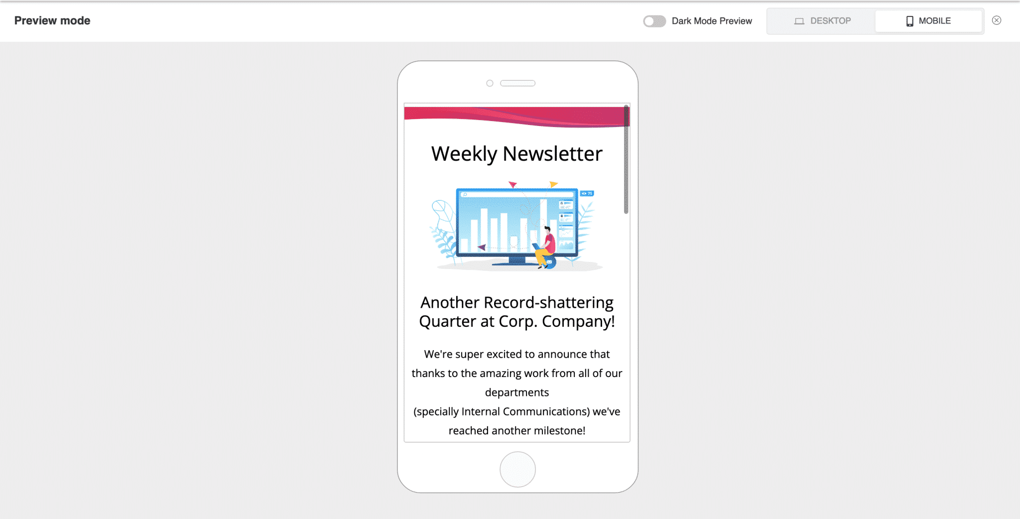 Screenshot of email newsletter in mobile preview within ContactMonkey's email template builder.