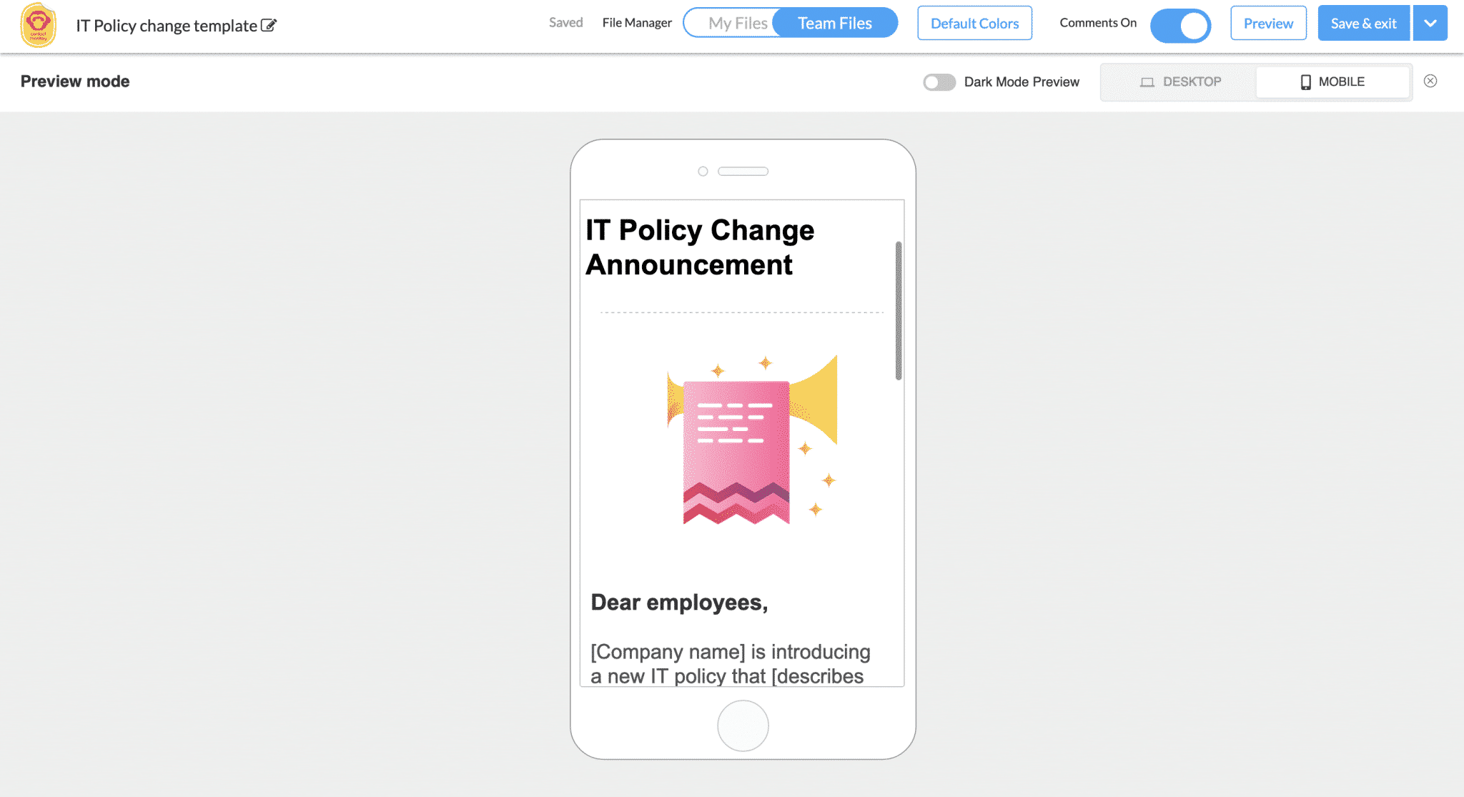 Screenshot of employee newsletter template previewed on mobile devices within ContactMonkey's email template builder.
