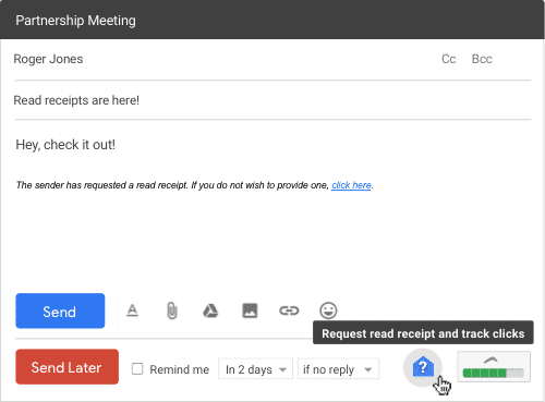 boomerang-for-google-read-receipt Sample email draft with "Send Later" and "Request read receipt and track clicks" buttons on the bottom