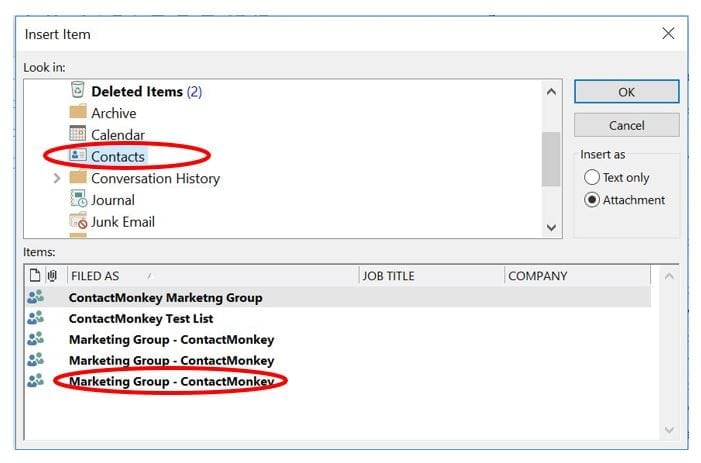 Screenshot of different distribution lists within Outlook.