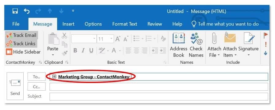 Screenshot of distribution in To field in Outlook.