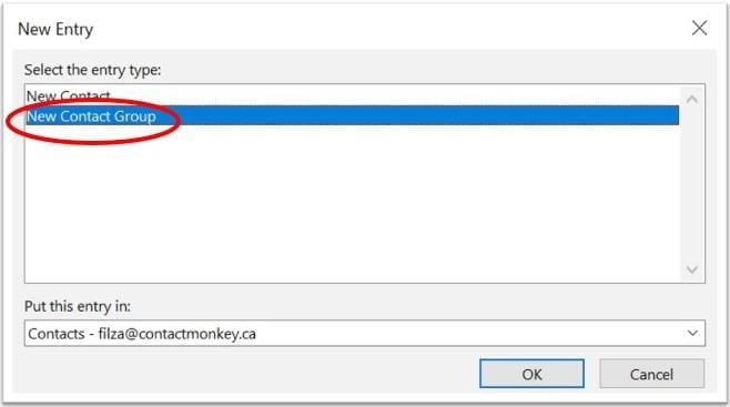 Screenshot of new contact group menu in Outlook.