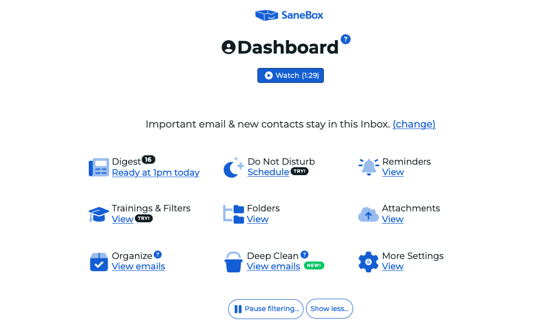 sanebox-dashboard SaneBox dashboard options with features like Do Not Disturb, Folders, Organize, and Deep Clean