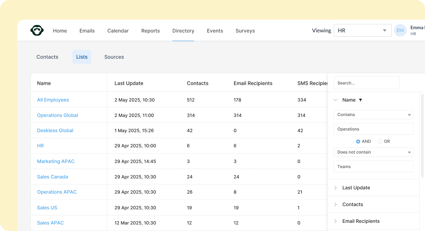 Managing employee lists and audience segments