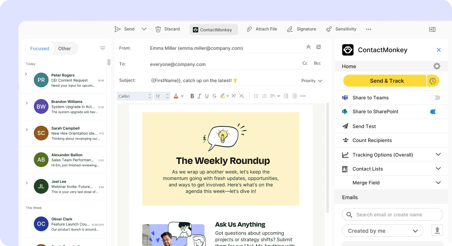 Sending internal email with ContactMonkey through Outlook